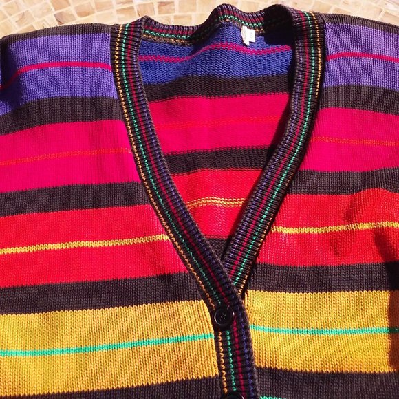 Vintage 80s V-neck Cardigan Ladies -S Pom Pom Fringe Bold Rainbow Striped Cotton - Picture 4 of 12